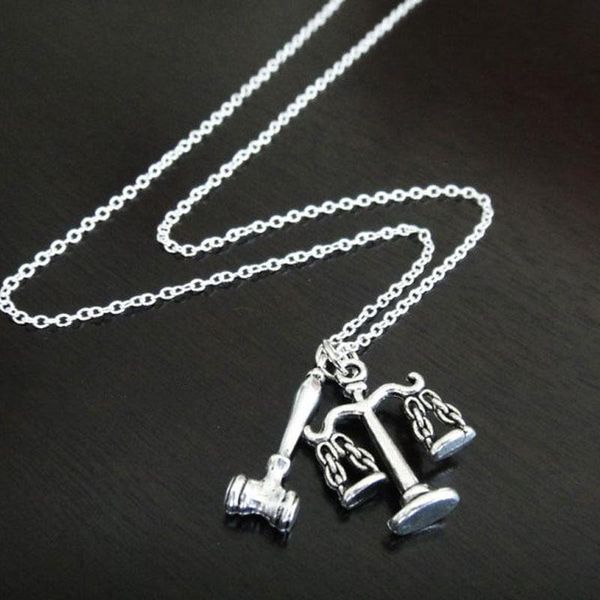 

pendant necklaces antique balance scale gavel mallet lawyer judge law court justicenecklace, Silver
