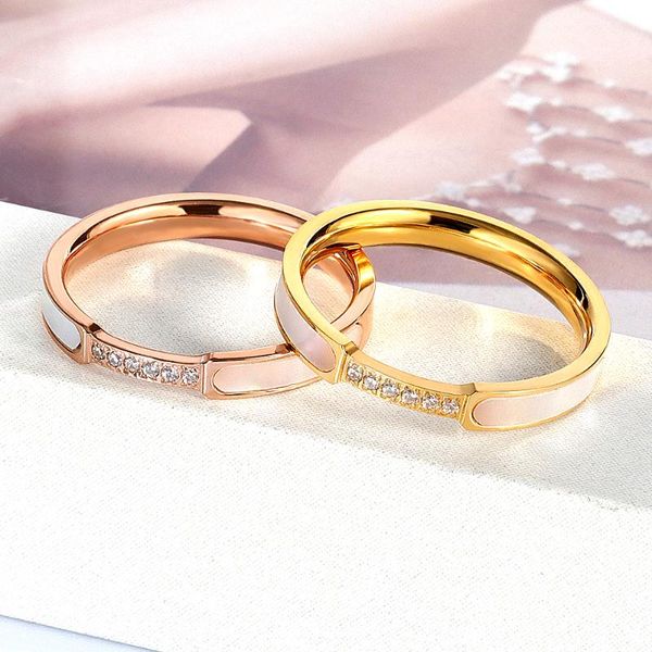 

wedding rings 3mm width natural shell with crystals ring for women girl trendy jewelry titanium steel rose gold color engagement, Slivery;golden