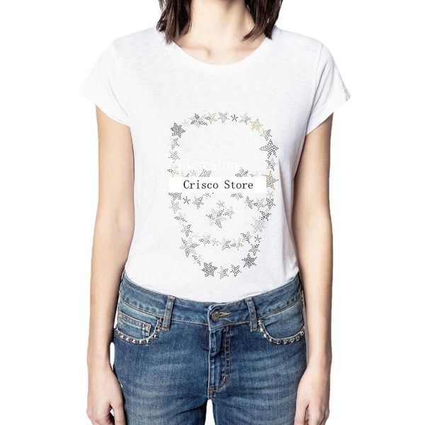 

women's t-shirt 2021 spring/summer fashion skull rhinestone star round neck short sleeve, White