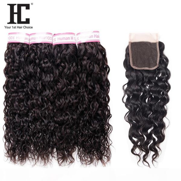 

hc hair brazilian water wave with closure 4 bundles 8a virgin human hair 8-28 inch with 4*4 lace closure, Black