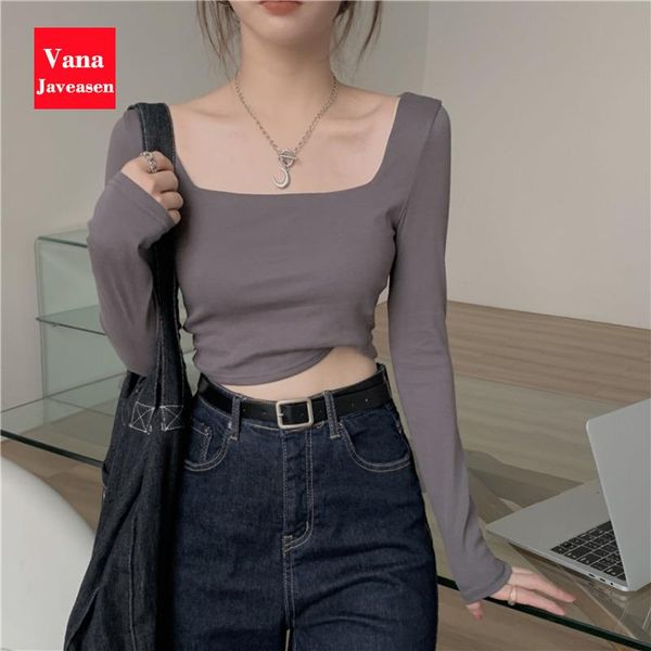 

women's t-shirt basic square collar women short t-shirts long sleeves casual female bottoming harajuku commuting slim all -match tshir, White