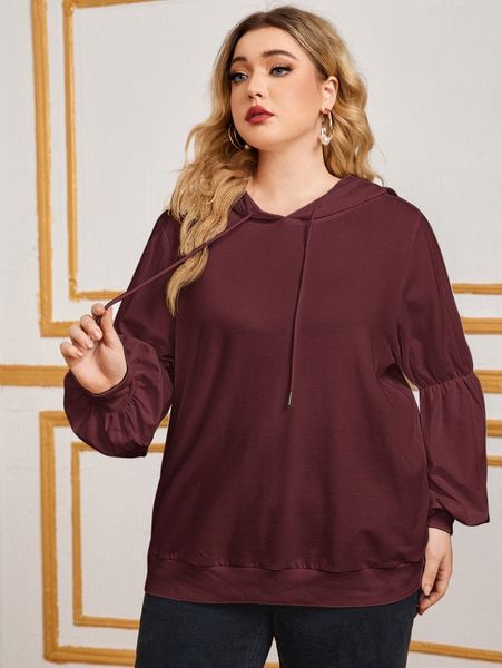 

plus gathered sleeve drawstring hoodie g8up#, Black