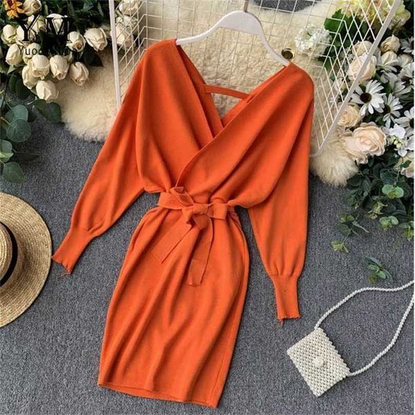 

yuoomuoo autumn winter women knitted sweater dress korean long batwing sleeve v neck elegant ladies bandage 211109, Black;gray