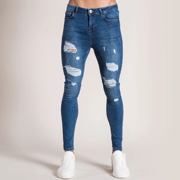 

men wash tight ripped knee jeans european spring summer dunne denim casual mode naughty broek, Blue