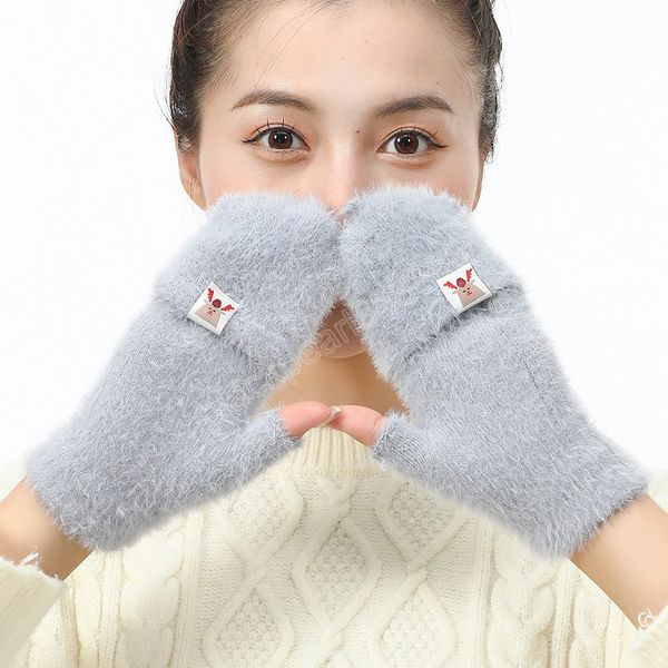 

fashion women gloves fawn wool knitted flip cap half fingerless glove solid color winter thicken warmer touch screen work glove, Blue;gray