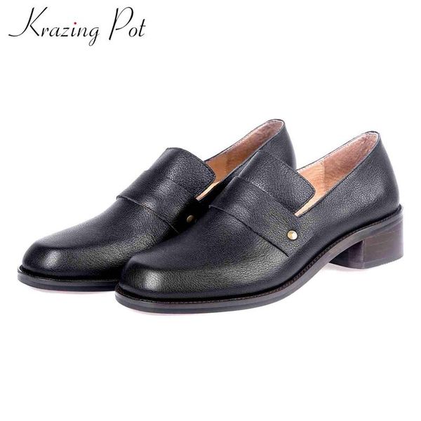 

dress shoes krazing pot elegant vintage genuine leather ladies round toe med heels slip on women leisure punk daily wear pumps l15, Black