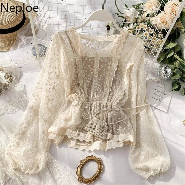 

neploe elegant ruffles lace blouse autumn spring holiday v neck puff sleeve blusas slim waist lace up retro flower shirt 47252 210225, White