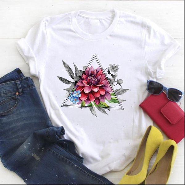 

geometric flower print cute casual short sleeve tshirt women ladies summer t tee female shirt clothes tshirt graphic t shirt, White
