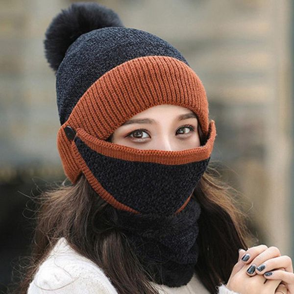 

cycling caps & masks women's winter hat mask bib velvet thick knitted warm ear protection mixed color woolen for 100% acrylic women, Black