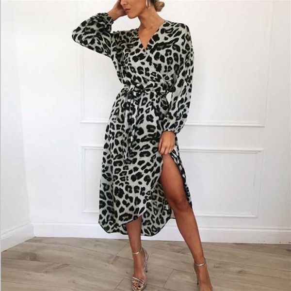 

casual dresses leopard dress 2021 women chiffon long beach loose sleeve deep v-neck a-line party vestidos de fiesta, Black;gray