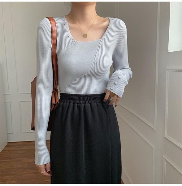 

women's sweaters 2021 autumn korean style square neck design knit sweater long-sleeved all-match bottoming top, White;black