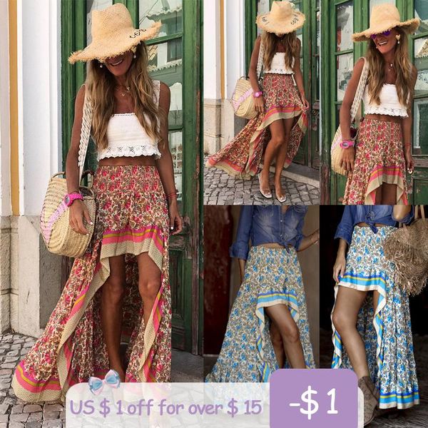 

skirts fashion unique design front short rear length print maxi women high waist boho beach elegant irregular long, Black