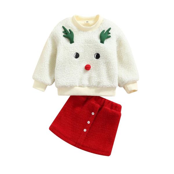 

clothing sets 2pcs kids christmas tracksuit, girls fleece cartoon deer o-neck long sleeves sweatshirt+ short skirt, 2-6 years, White