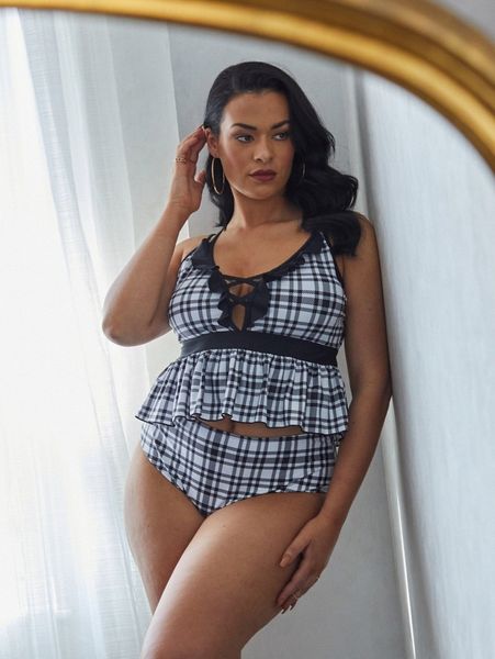 

plus plaid print criss cross ruffle bikini swimsuit o7ix#, Black