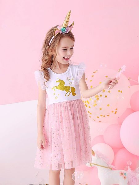 

toddler girls unicorn & star print mesh overlay dress she, Red;yellow