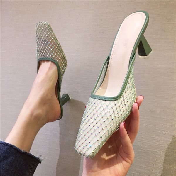 

2021 new spring summer mules rhinestone mesh sandals slippers women square toe high heel party shoes dyzz, Black