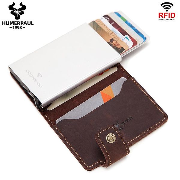 

card holders humerpaul automatic -up case leather business metal aluminum rfid anti-theft smart wallet thin id, Brown;gray