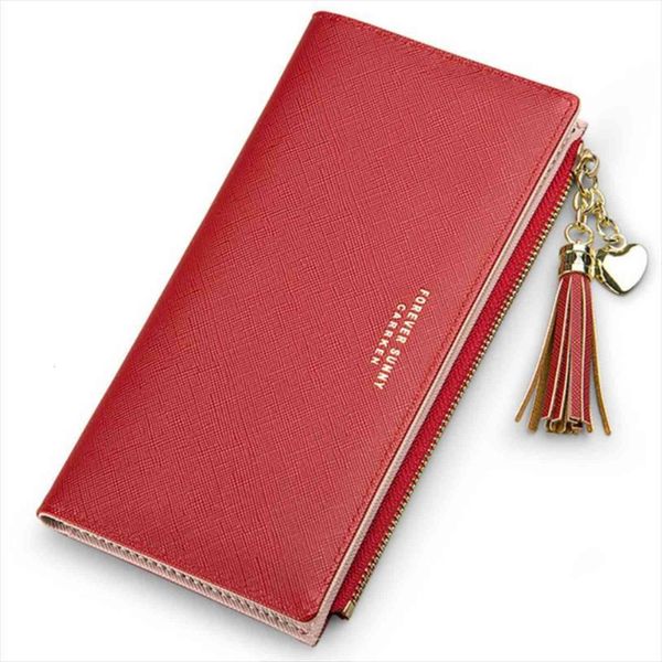 

tassel wallet women long cute wallets leather zipper portefeuille female purse clutch cartera mujer, Red;black