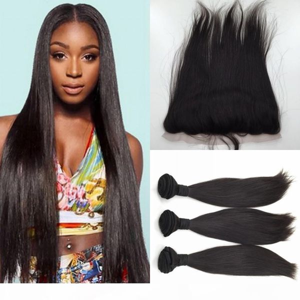 

brazilian straight hair bundles with lace frontal closure malaysian peruvian indian cambodian unprocessed virgin human hair weaves, Black