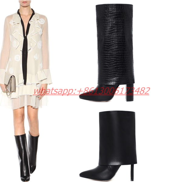 

boots high heel inside knight trendy women pointed toe stiletto mid-tube leather slim straight, Black