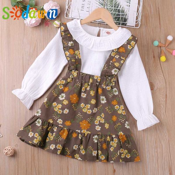 

clothing sets sodawn spring autumn girl set children suit suspender skirt 2pcs flower pattern kid, White
