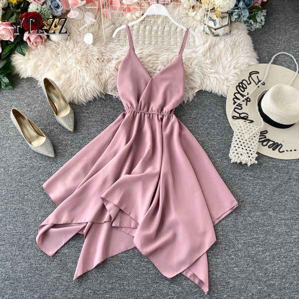 

2021 c-neck beach women slim spaghetti strap backless summer es fashion irregular hem bohemia robe lw2g, Black;gray