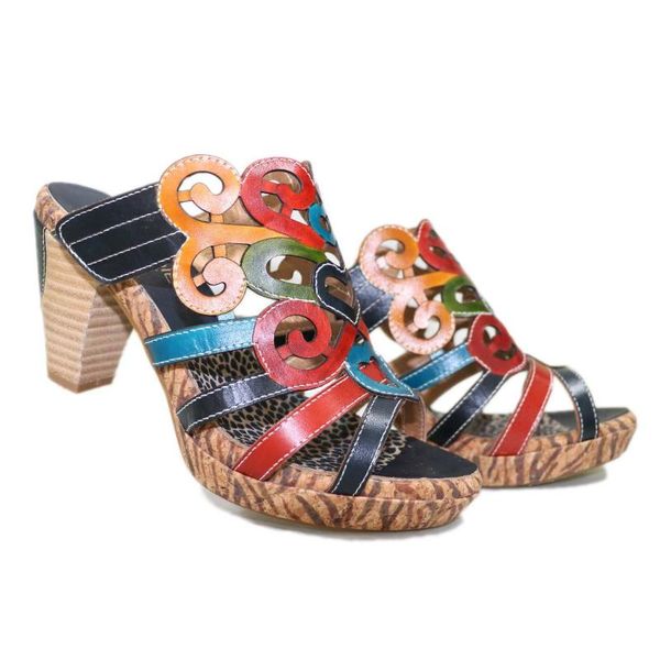 

sandals high-heeled slippers round head women's handmade shoes, Black