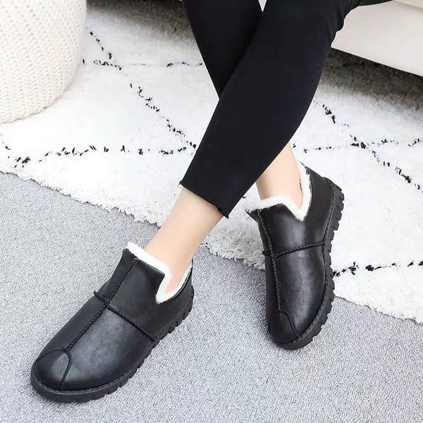 

boots winter waterproof leather women's cotton shoes plus velvet warm casual non-slip mother, Black