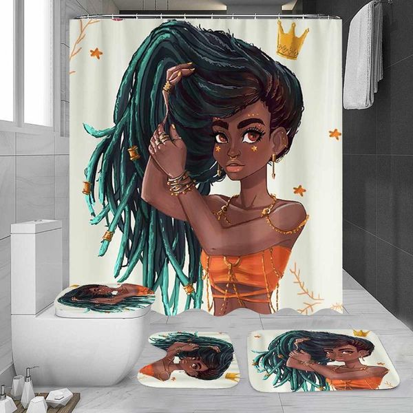 

1/3/4 pcs african girl shower curtain bathroom curtain waterproof toilet cover mat non-slip rug set fashion bathtub decor