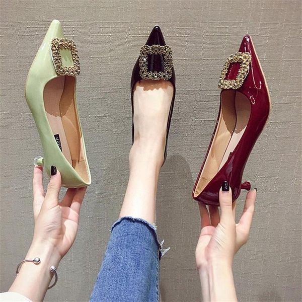 

dress shoes women's french rhinestone small high heels 2021 autumn square buckle all-match pointed toe mid-heel sexy, Black
