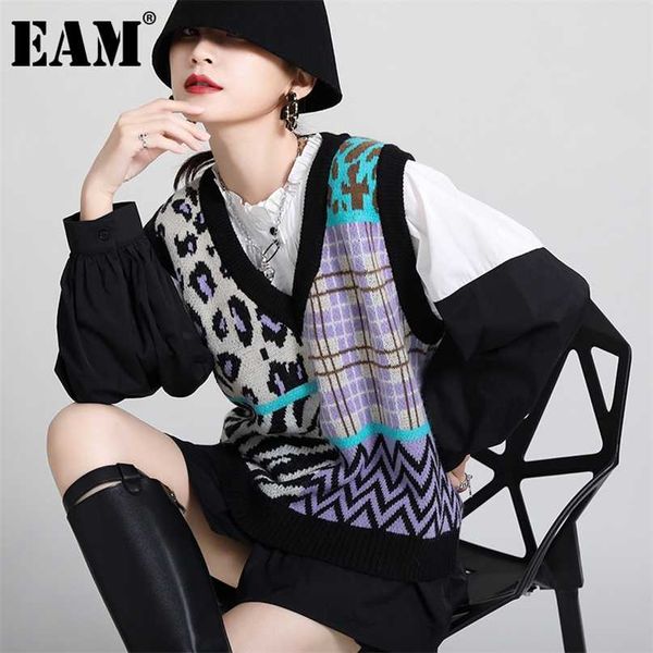 

[eam] women irregular contrast color leopard loose knitting vest v-collar sleeveless fashion spring autumn 1dd3875 211120, Black;white