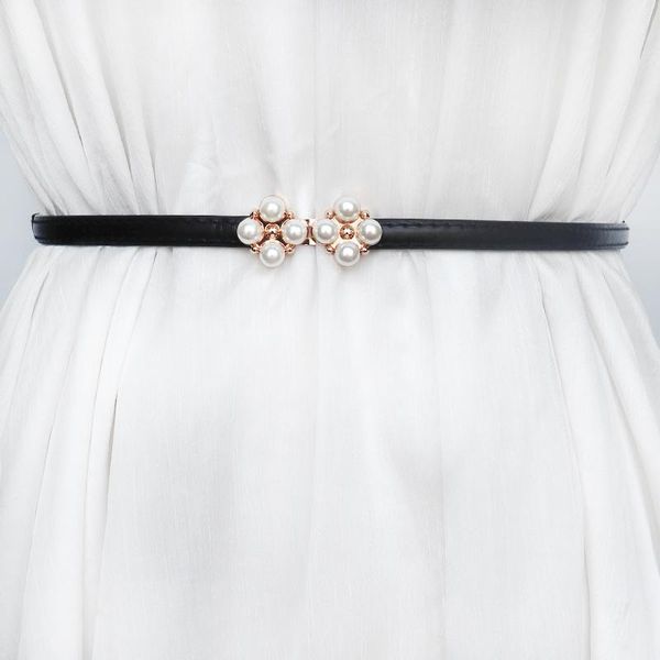 

belts thin women belt black fashion solid soft pu leather waistbands for dress ladies pearl flower gold buckle adjust waist seal white, Black;brown