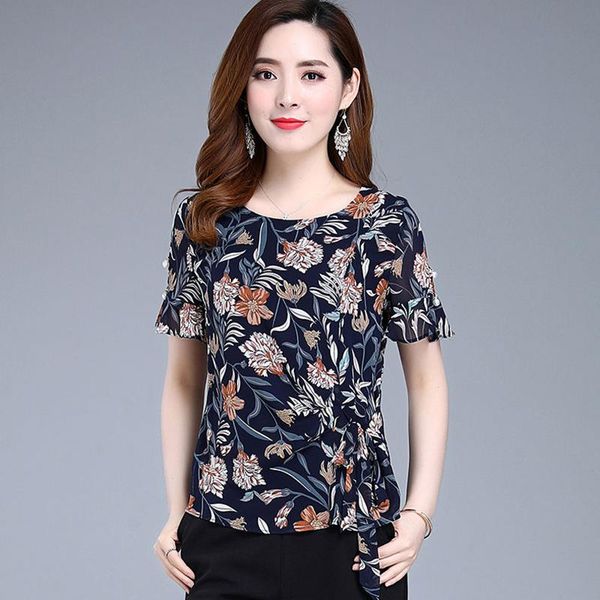 

women's blouses & shirts women casual summer style chiffon lady flower printed o-neck blusas df2857, White