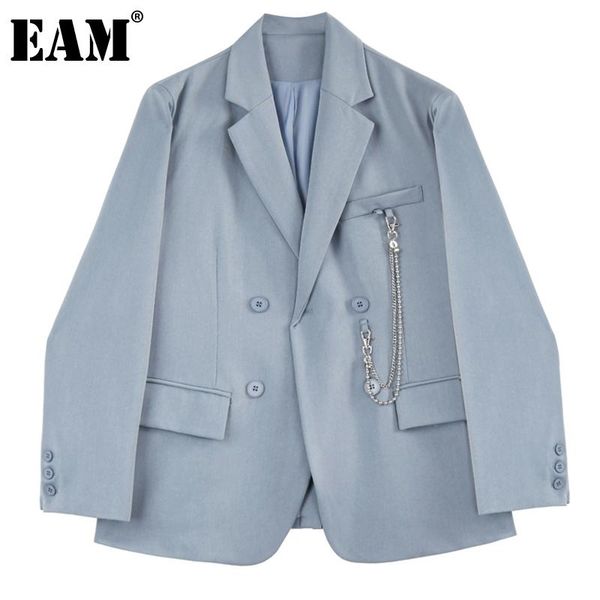 

women's suits & blazers [eam] women blue chain spliced casual blazer lapel long sleeve loose fit jacket fashion tide spring autumn 2021, White;black