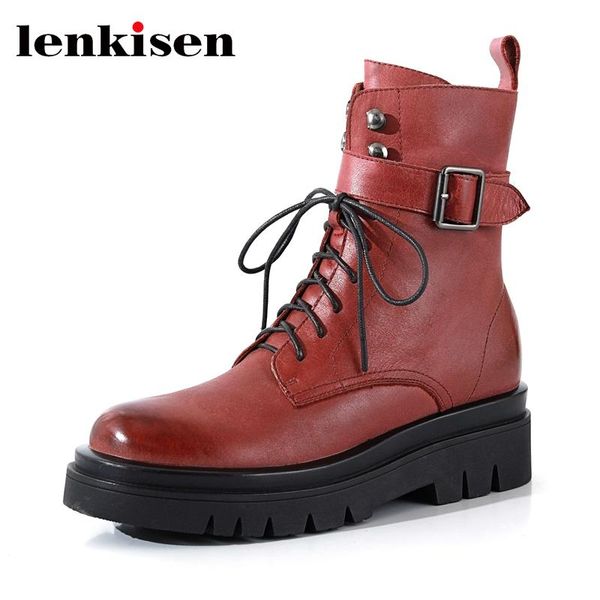 

boots lenkisen gladiator large size cow leather round toe motorcycle young lady streetwear handsome fashion ankle l09, Black