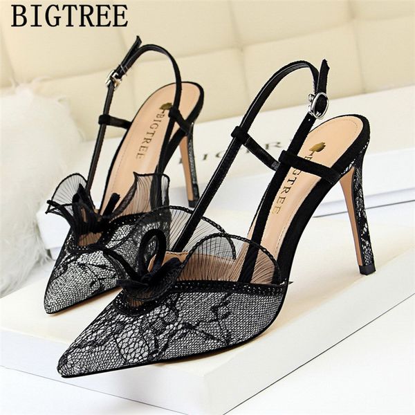 

new arrival 2020 rhinestone sandals dress shoes women lace bigtree shoes fetish high heels sandals pointed toe high heels, Black