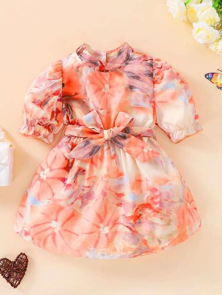 

baby floral print puff sleeve buttons back belted dress she, Red;yellow