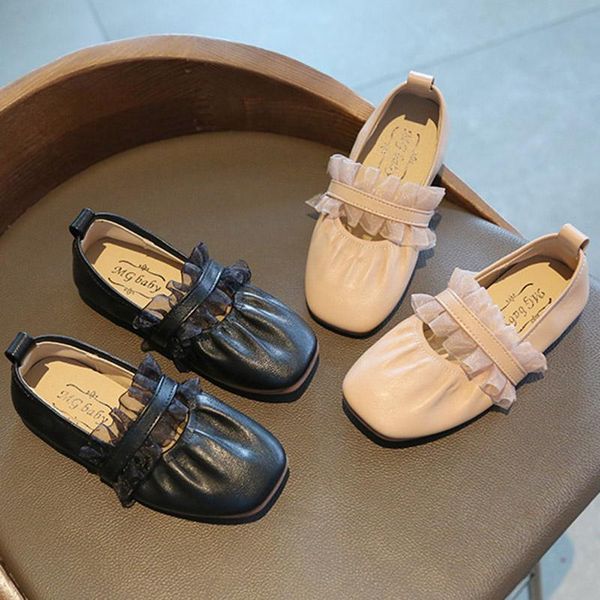 

flat shoes spring autumn girls soft leather mary janes square toe slip on single lace cute princess shoe big kids flats, Black;grey