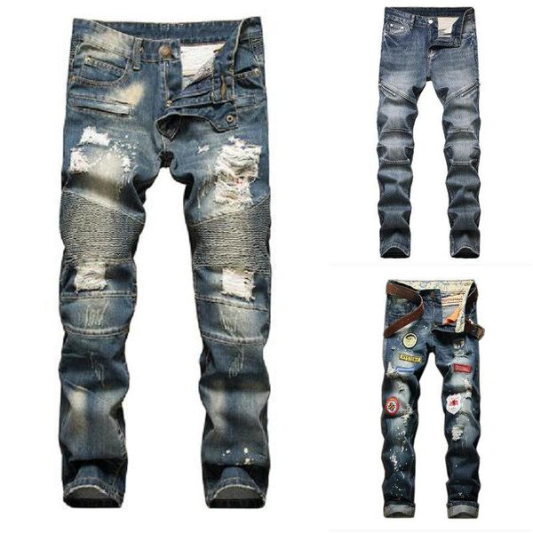 

2021 autumn spring men's ripped street hip hop punk stretch bike jeans trendy holes straight denim trouers, Blue