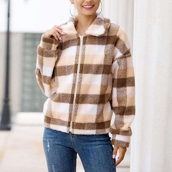 

women's jackets women plaid gradient turn-down collar casual zipper all-match outerwear 2021 warm autumn winter female, Black;brown