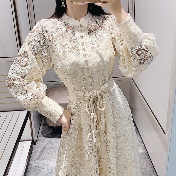 

Vintage Embroidered Hollow Dresses Long for Female 2021 Spring New Turtleneck High-waist Lantern Dress Kcvz, Black;gray