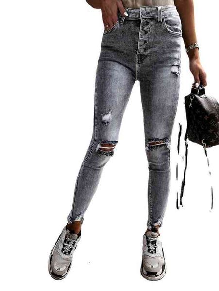 

jeans 2021 women's slim show thin hole pants woman, Blue