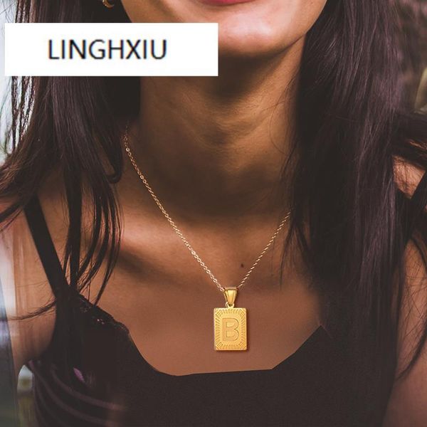 

pendant necklaces initial letter necklace for women stainless steel square alphabet medallion wholesale jewelry, Silver