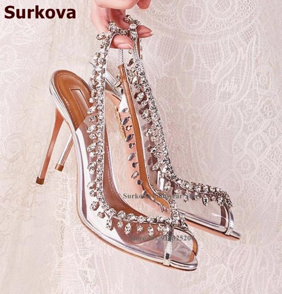 

dress shoes surkova bling crystal fringe high heel clear transparent pvc open toe wedding pumps slingback rhinestone sandals, Black