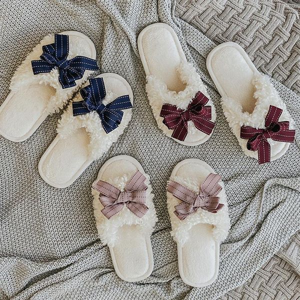 

autumn winter chic open-toe house women fur slippers bow-knot bedroom ladies flat shoes warm plush elegant girls furry slides, Black