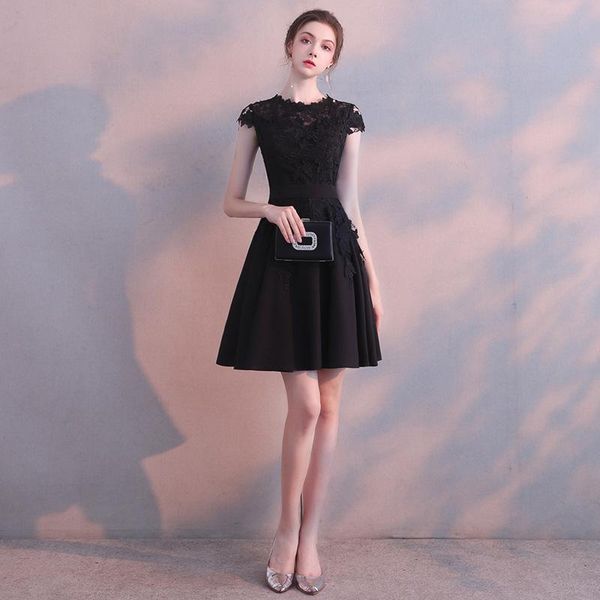 

ethnic clothing lady sweet lace appliques trim banquet gown black classic vintage short a-line dresses elegant o-neck evening party dress, Red