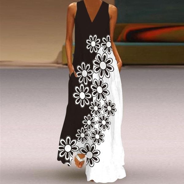 

casual dresses rose flower maxi for women sleeveless v-neck summer party dress with pockets vestidos elegantes para mujer woman, Black;gray