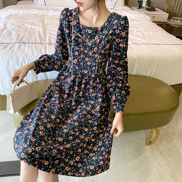 

fashion2021 new vintage spring floral printing velvet dress korean women's turtleneck square breath long sleeve mini tea gowns kh8b, Black;gray