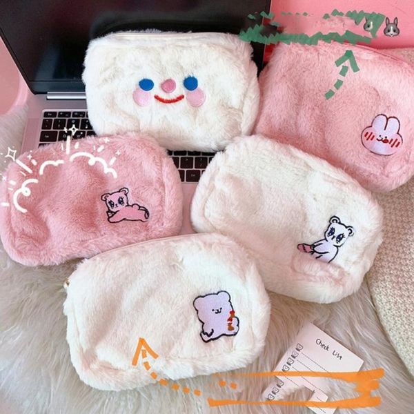 

1pc flannel cute animal cosmetic case girls make up women travel cosmetic holder korea drawstring bag storage bags 25 * 16cm