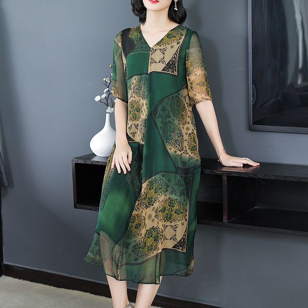 

2021 new elegant women summer slk v neck big size floral casual midi retro es beach vestidos verano kj1056 krr1, Black;gray